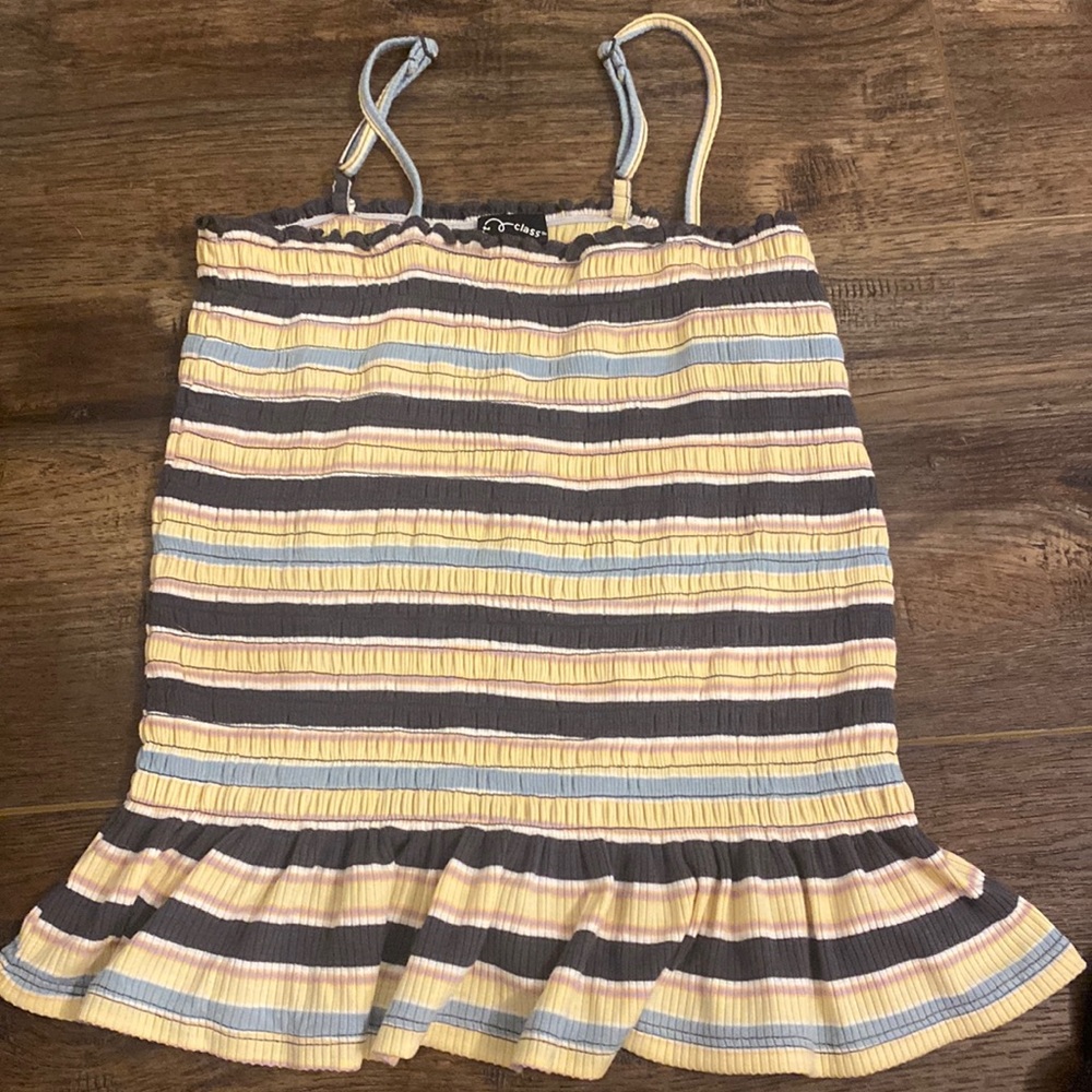 $10 art class tank, large (10/12), colors: yellow, grey, blue, pink and purple